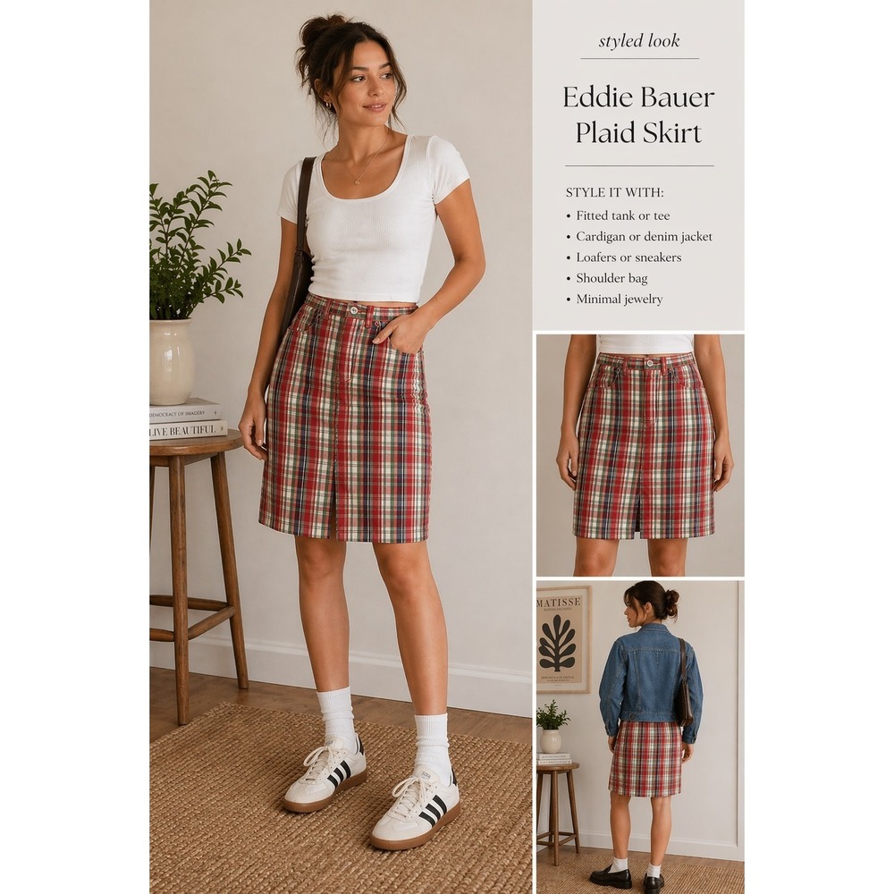 Eddie Bauer Plaid Knee Skirt Size‎ 4 Red Cotton Preppy Academia Slit